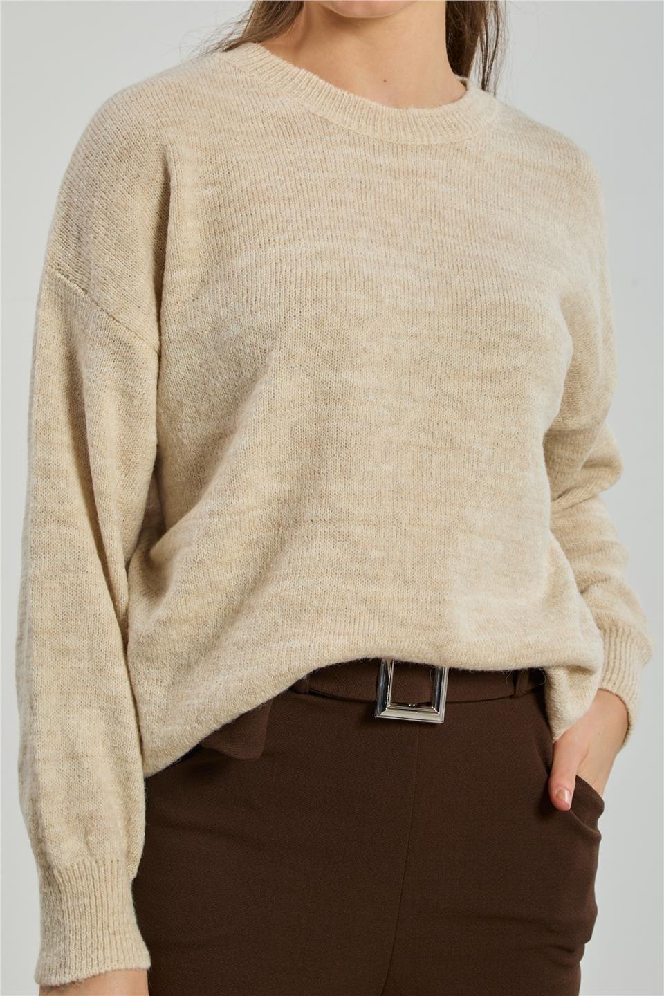 Bisiklet yaka oversize kazak-1763 - Açık Taş