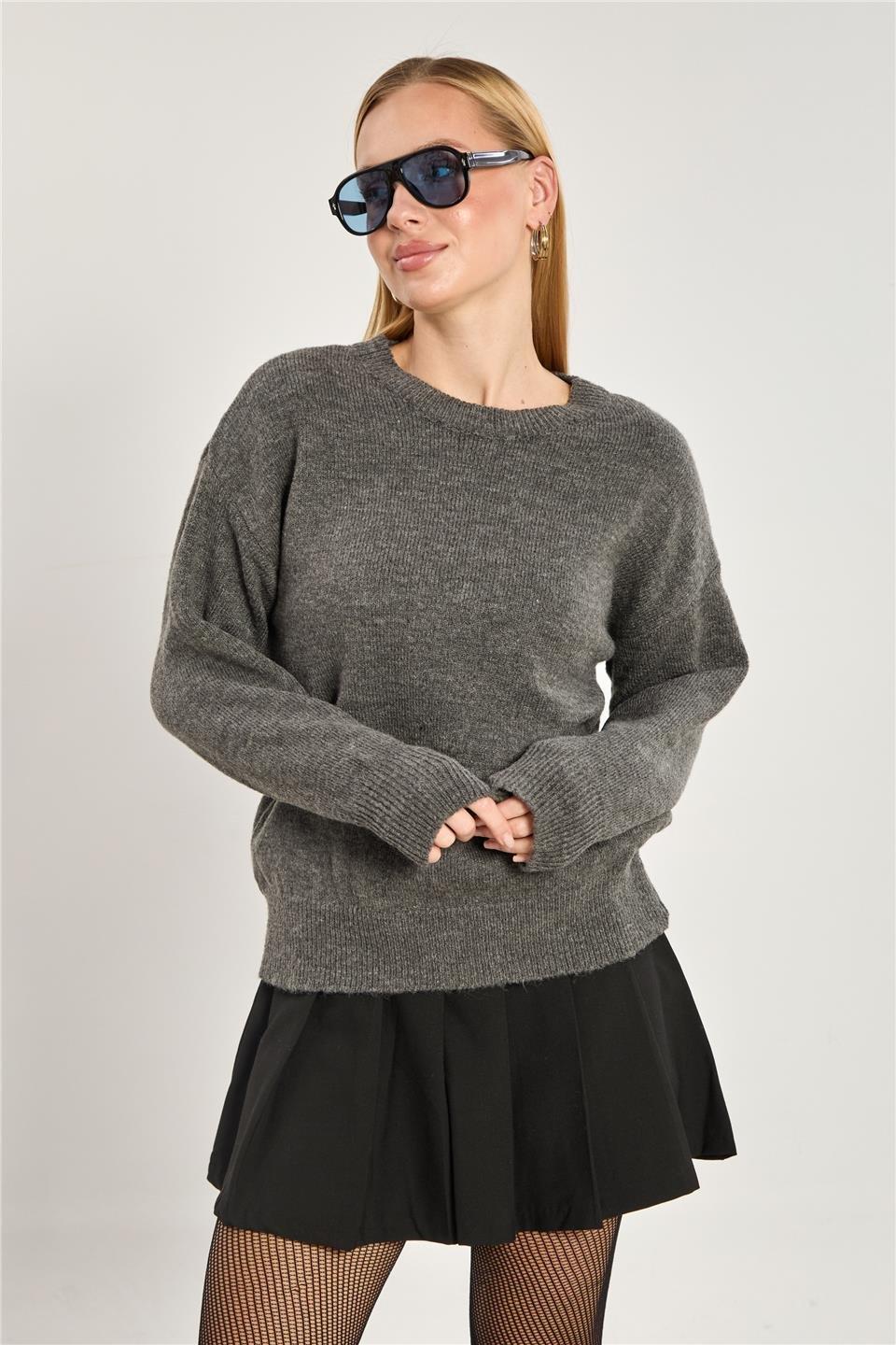 Bisiklet yaka oversize kazak-1763 - Antrasit