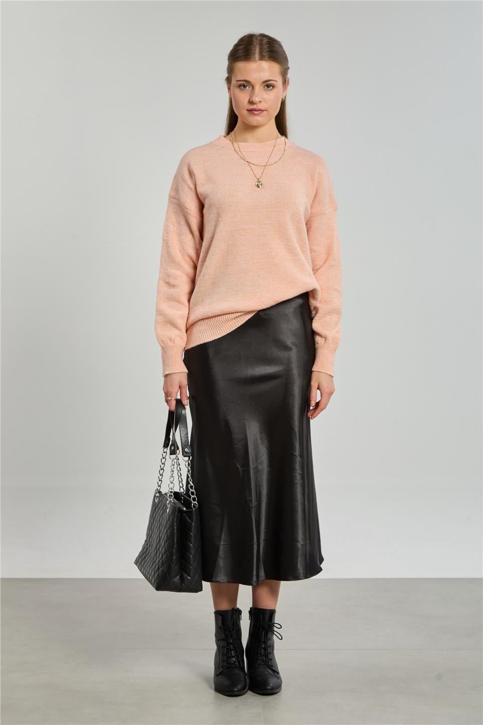 Bisiklet yaka oversize kazak-1763 - Pembe