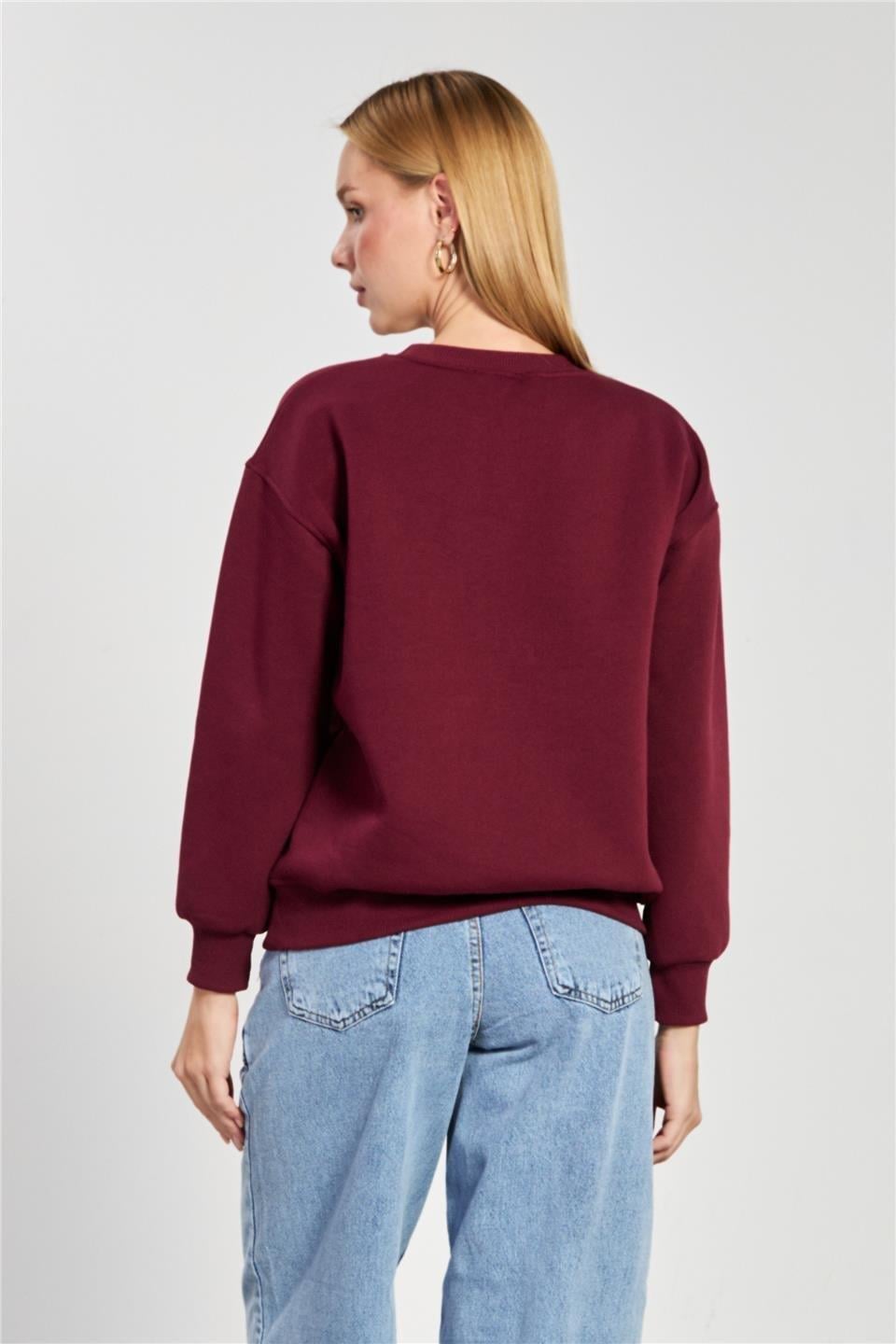 Bisiklet yaka oversize sweatshirt-82-146 - Mürdüm