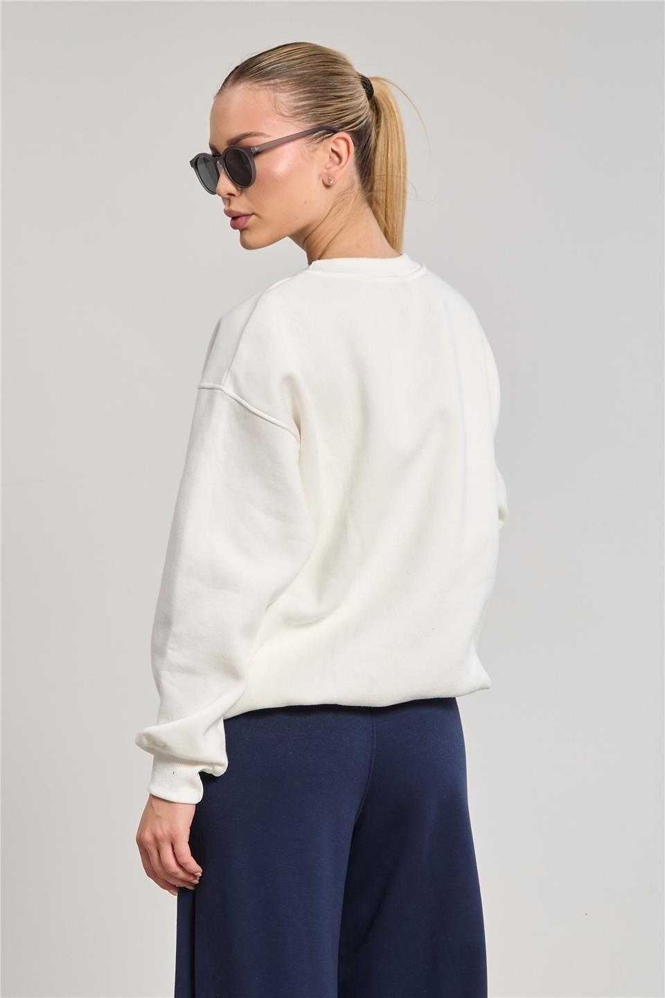 Bisiklet yaka oversize ucla sweatshirt-DVN0829 - Ekru