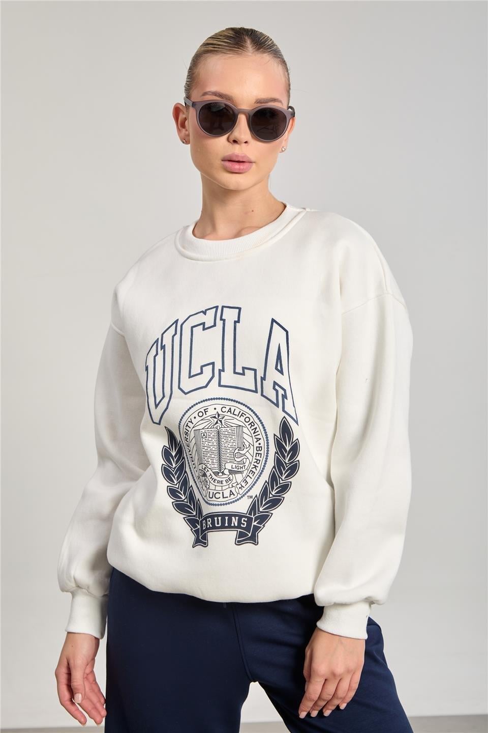 Bisiklet yaka oversize ucla sweatshirt-DVN0829 - Ekru