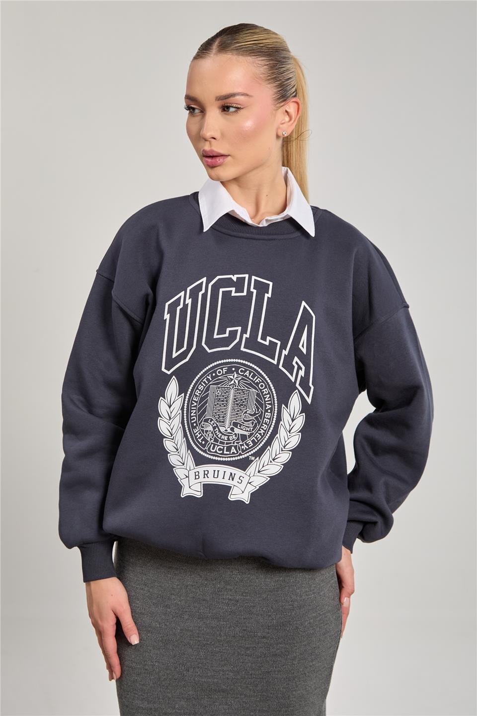 Bisiklet yaka oversize ucla sweatshirt-DVN0829 - Antrasit