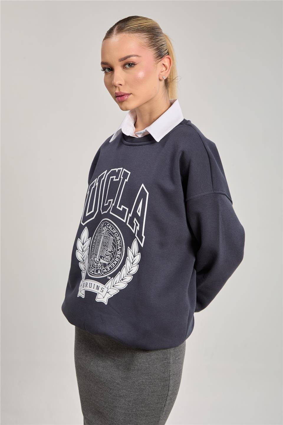 Bisiklet yaka oversize ucla sweatshirt-DVN0829 - Antrasit