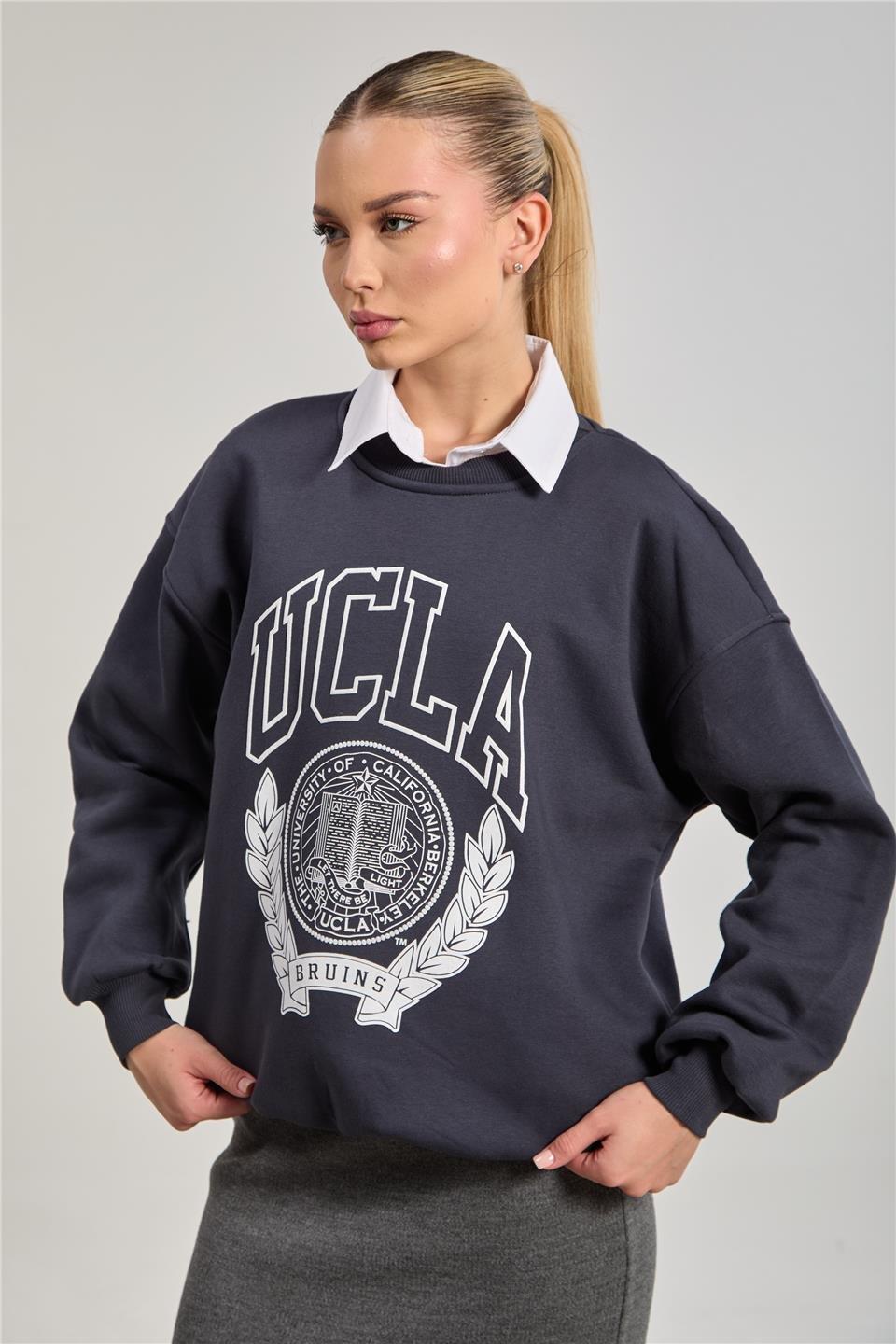 Bisiklet yaka oversize ucla sweatshirt-DVN0829 - Antrasit