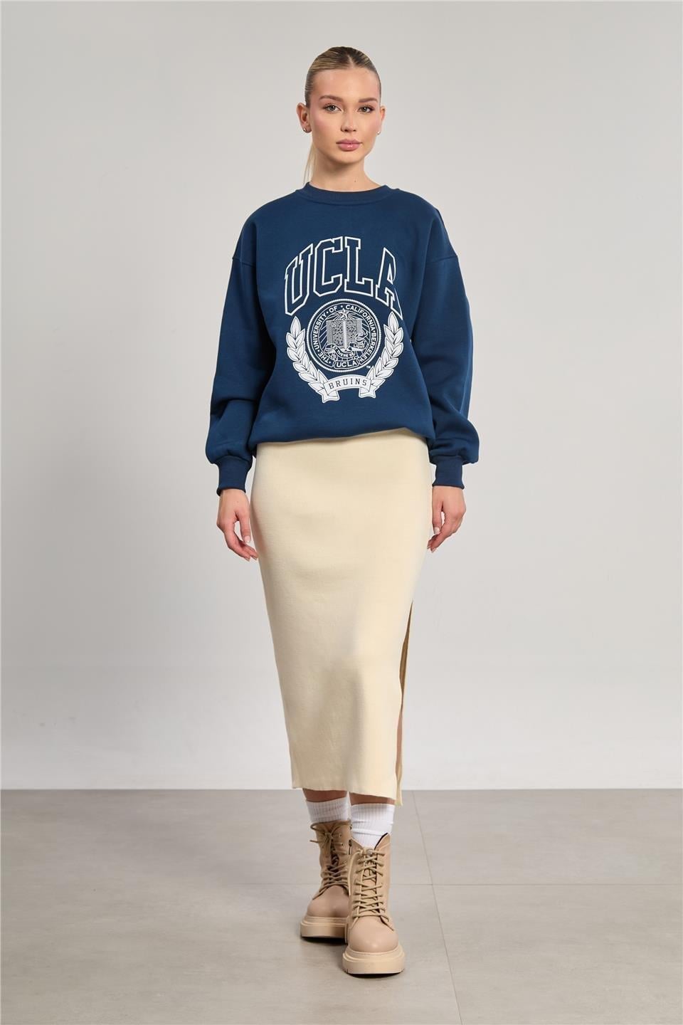 Bisiklet yaka oversize ucla sweatshirt-DVN0829 - Lacivert