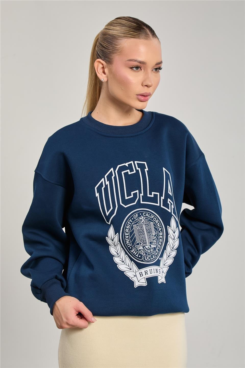 Bisiklet yaka oversize ucla sweatshirt-DVN0829 - Lacivert