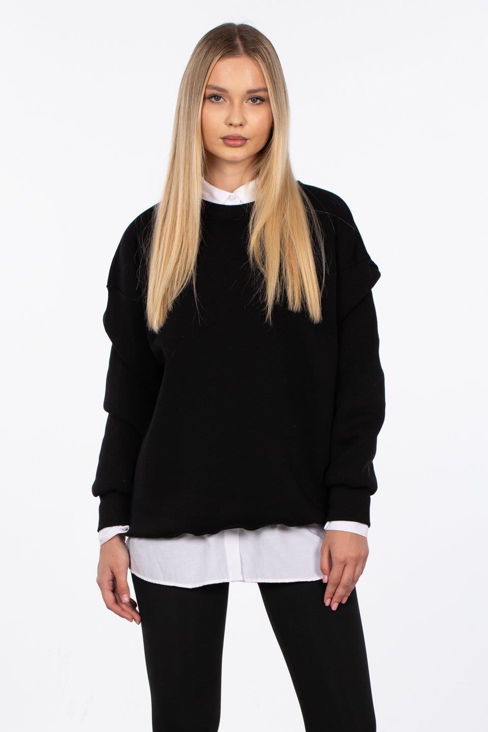 Bisiklet yaka ribanalı sweatshirt-DVN1256 - Siyah