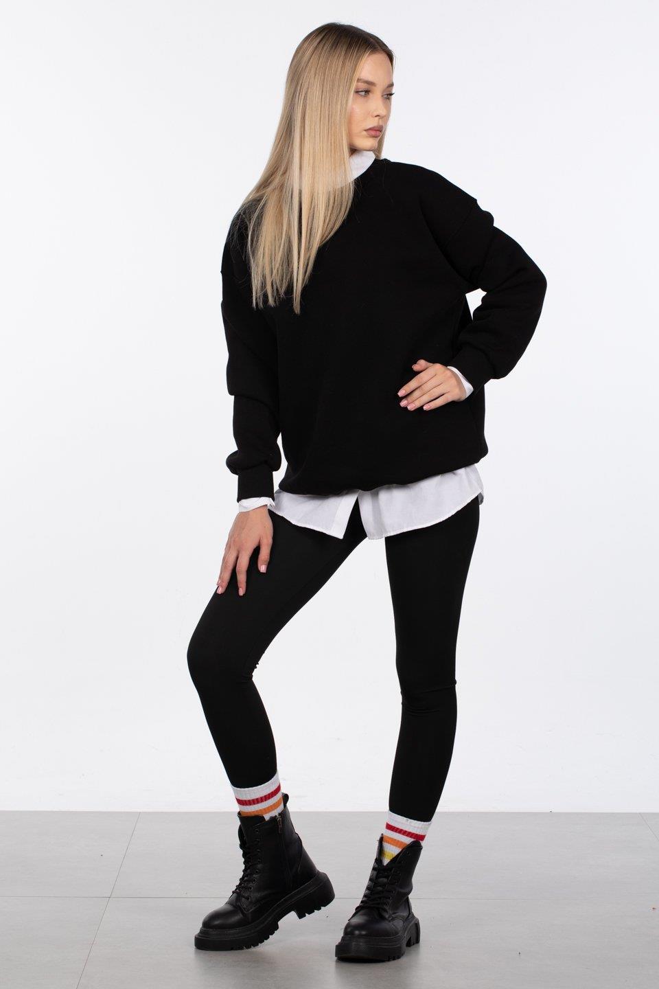Bisiklet yaka ribanalı sweatshirt-DVN1256 - Siyah