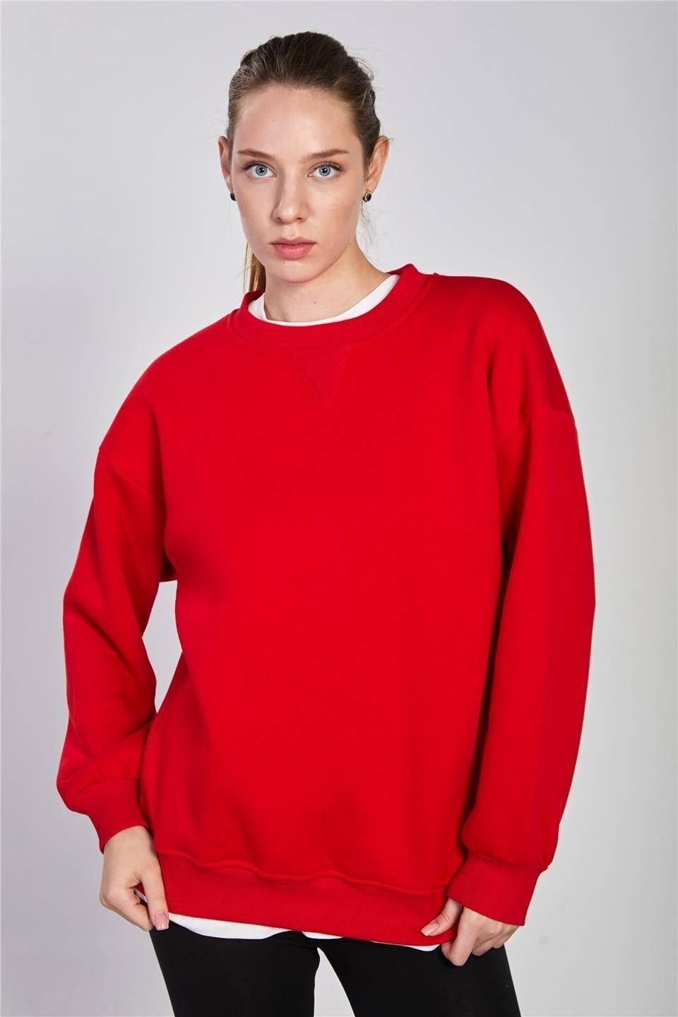 Bisiklet yaka ribanalı sweatshirt-DVN1256 - Kırmızı