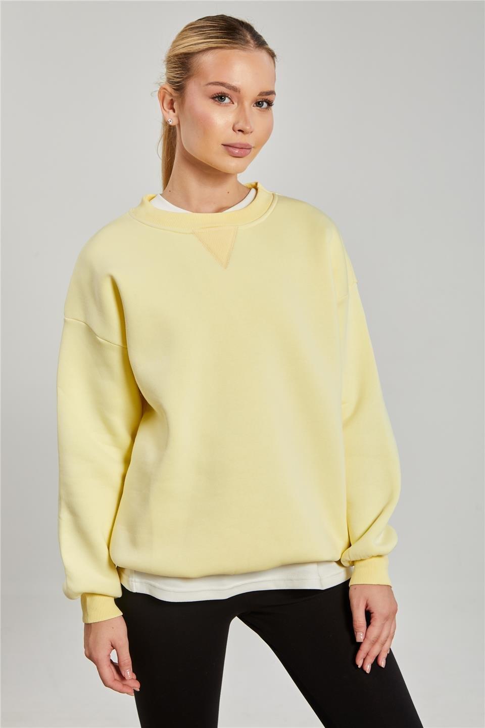 Bisiklet yaka ribanalı sweatshirt-DVN1256 - Pastel Sarı