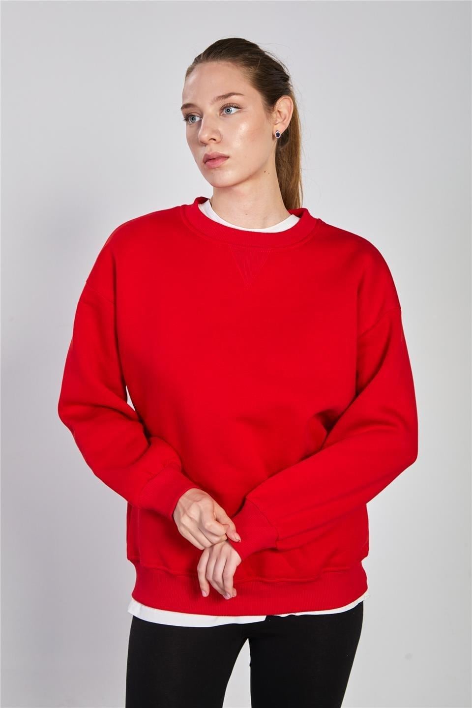 Bisiklet yaka ribanalı sweatshirt-DVN1256 - Kırmızı