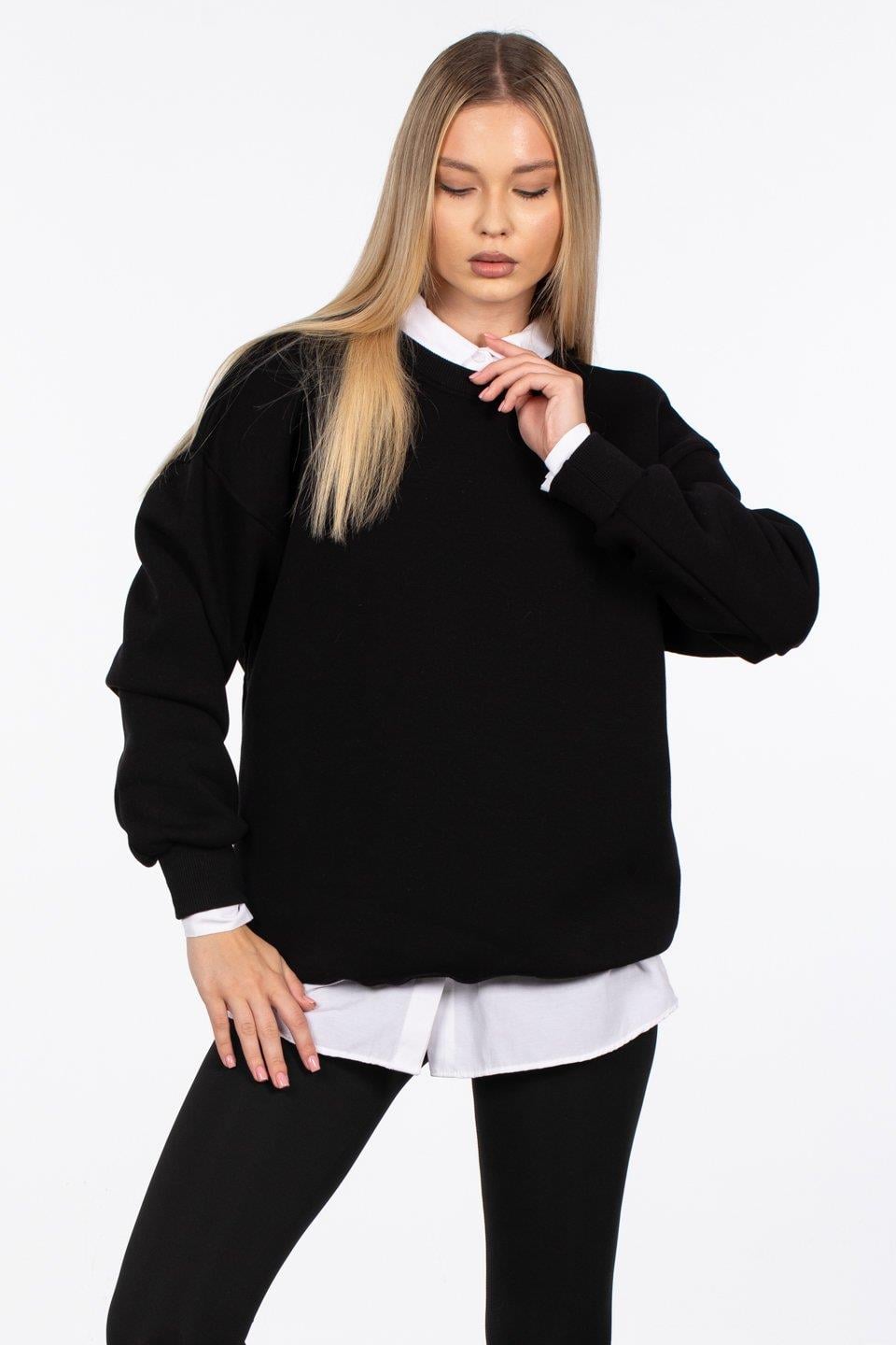 Bisiklet yaka ribanalı sweatshirt-DVN1256 - Siyah