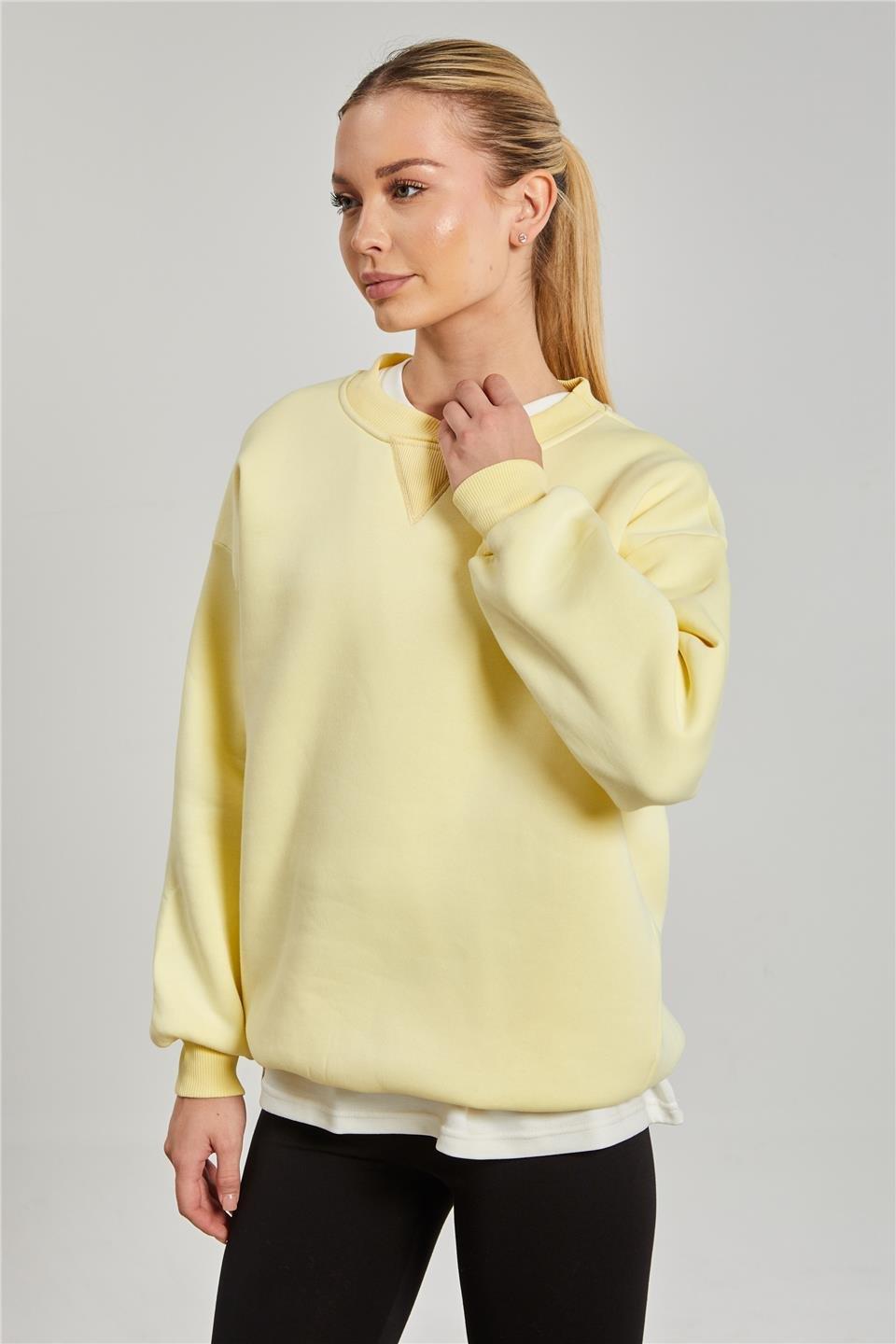 Bisiklet yaka ribanalı sweatshirt-DVN1256 - Pastel Sarı