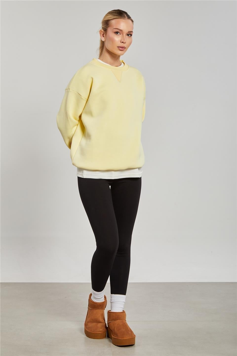 Bisiklet yaka ribanalı sweatshirt-DVN1256 - Pastel Sarı