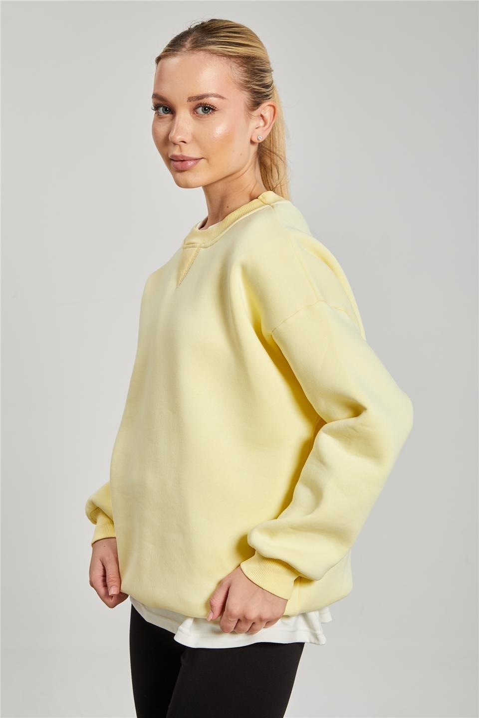 Bisiklet yaka ribanalı sweatshirt-DVN1256 - Pastel Sarı