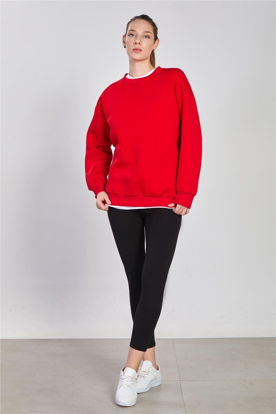 Bisiklet yaka ribanalı sweatshirt-DVN1256 - Kırmızı