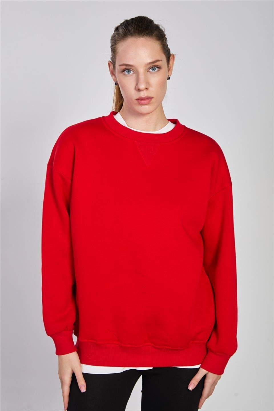 Bisiklet yaka ribanalı sweatshirt-DVN1256 - Kırmızı