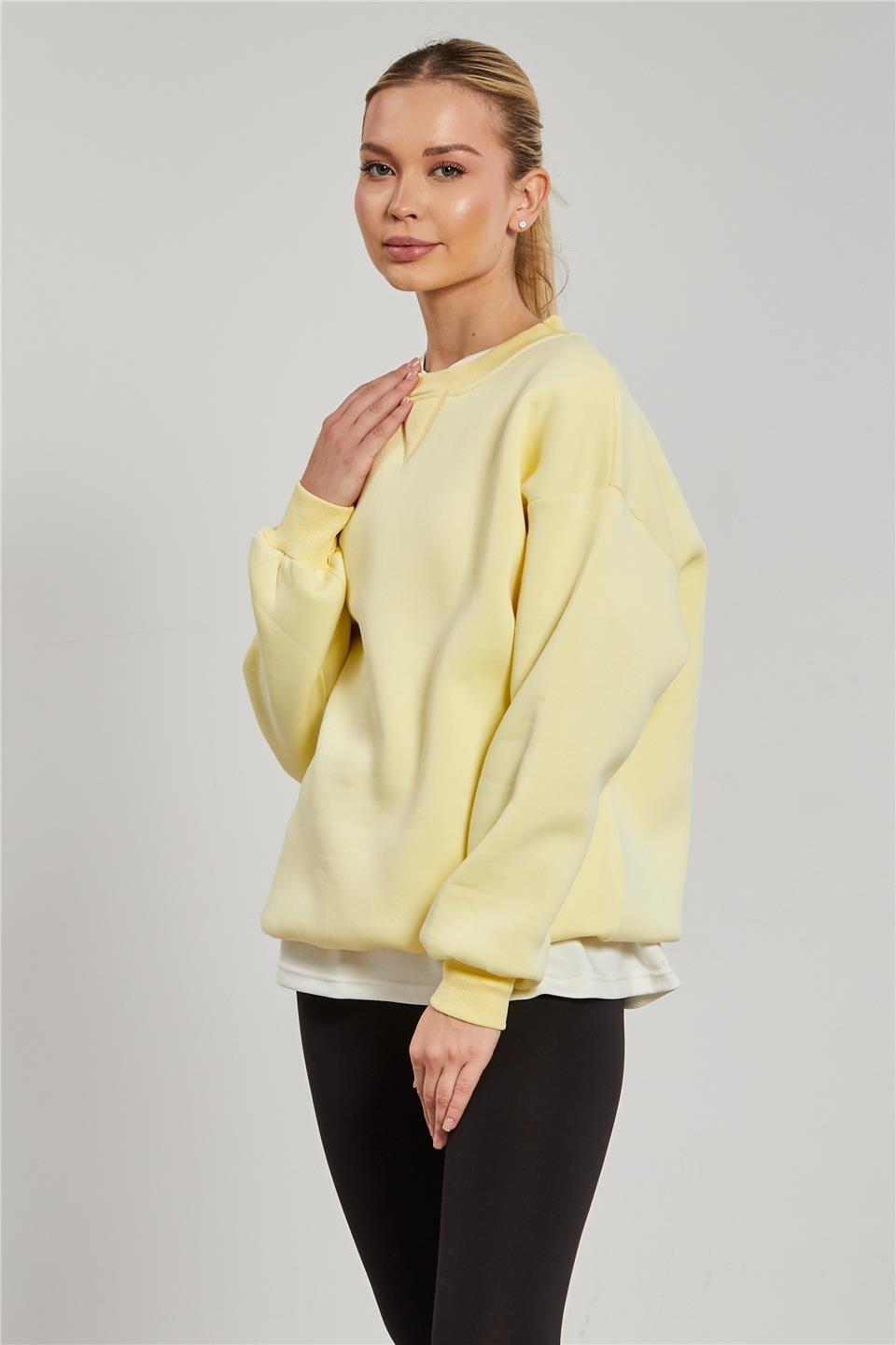 Bisiklet yaka ribanalı sweatshirt-DVN1256 - Pastel Sarı