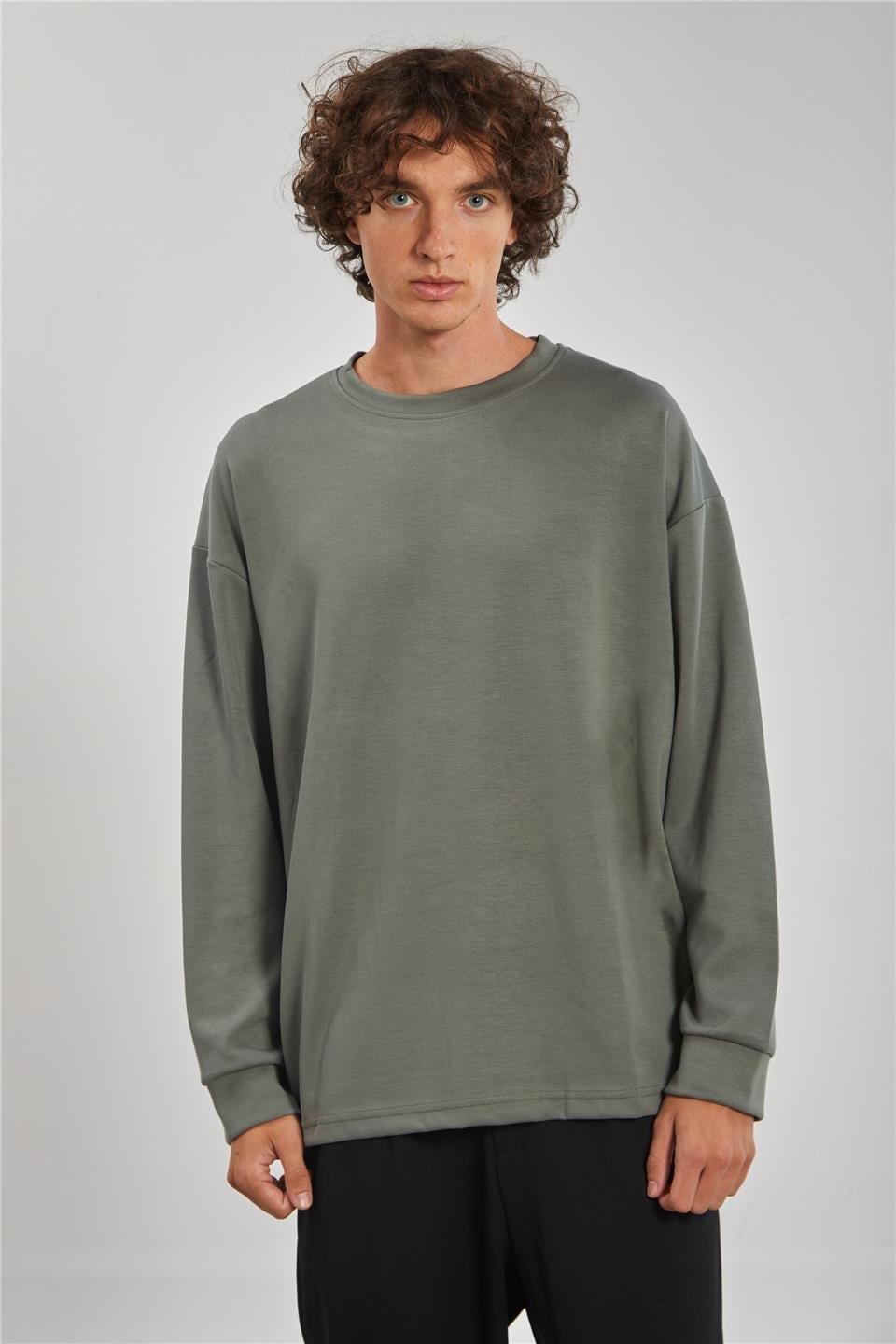 Bisiklet yaka sweatshirt-9057 - Açık Haki