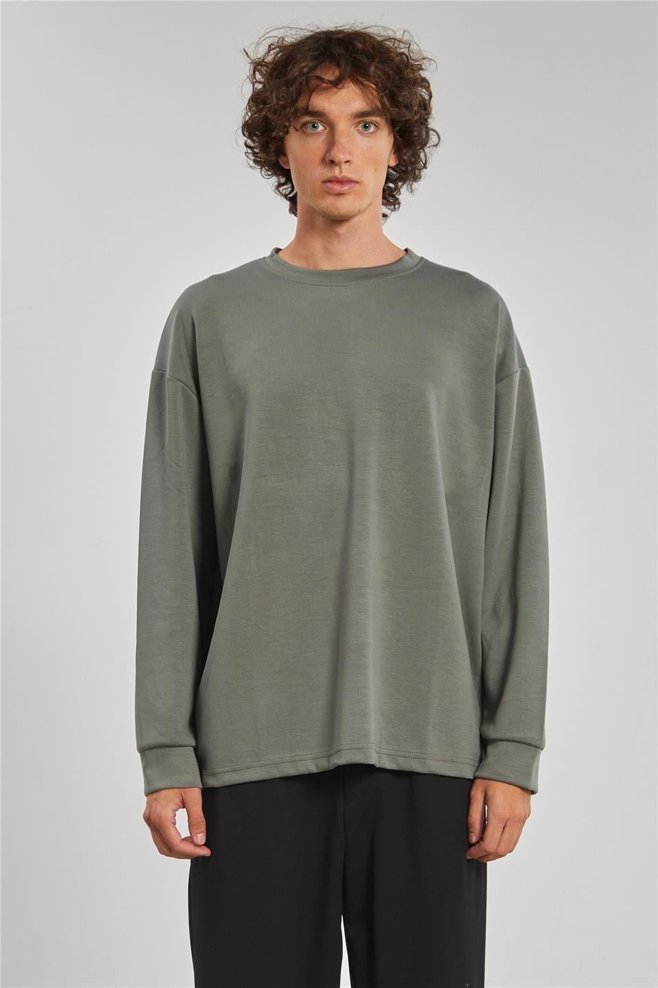 Bisiklet yaka sweatshirt-9057 - Açık Haki
