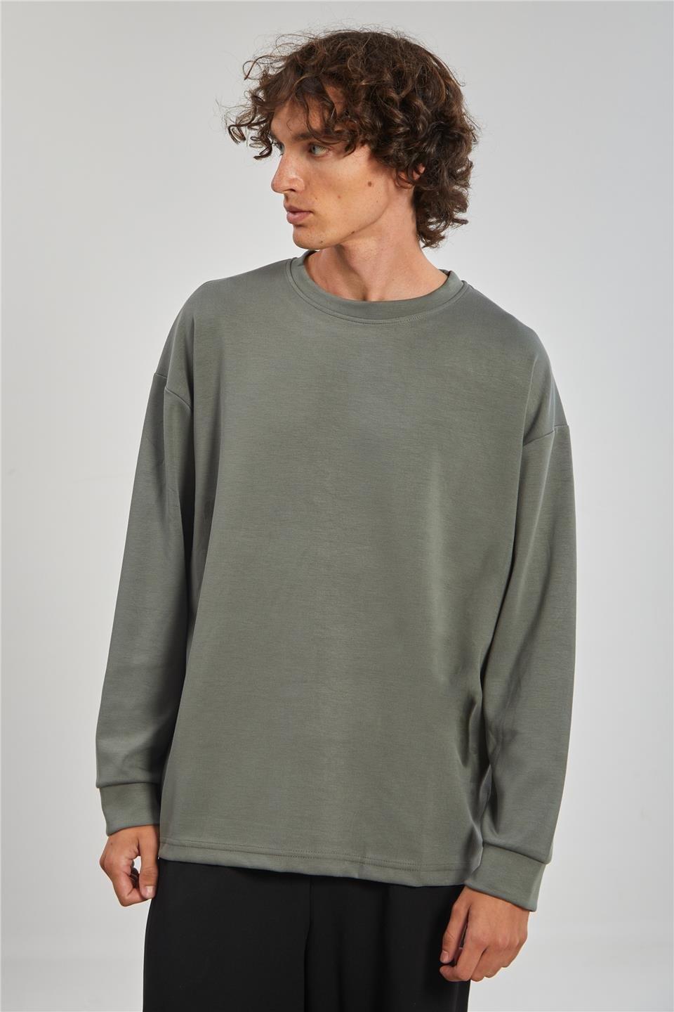 Bisiklet yaka sweatshirt-9057 - Açık Haki
