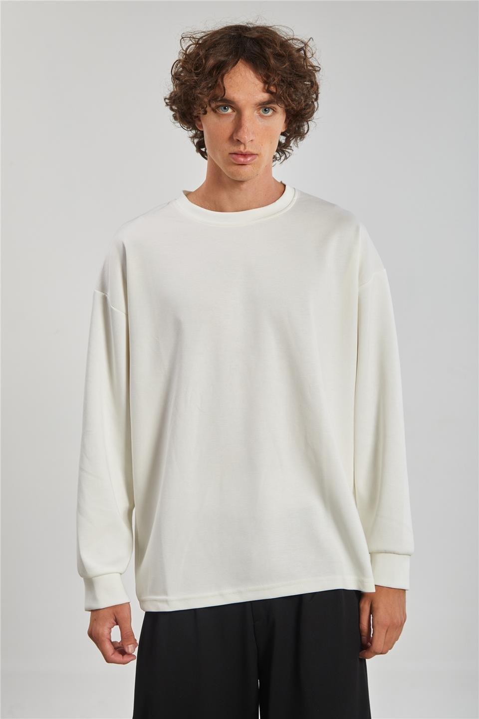 Bisiklet yaka sweatshirt-9057 - Ekru