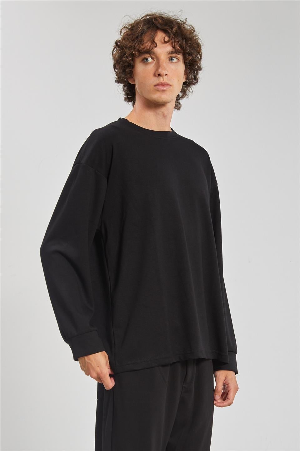 Bisiklet yaka sweatshirt-9057 - Siyah