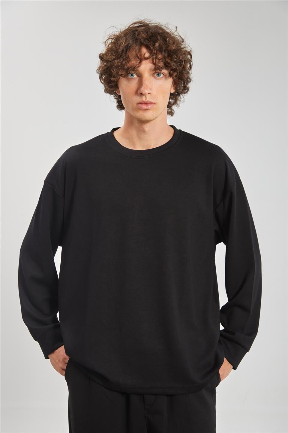 Bisiklet yaka sweatshirt-9057 - Siyah