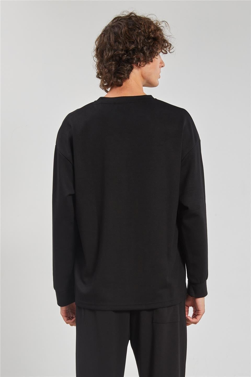 Bisiklet yaka sweatshirt-9057 - Siyah