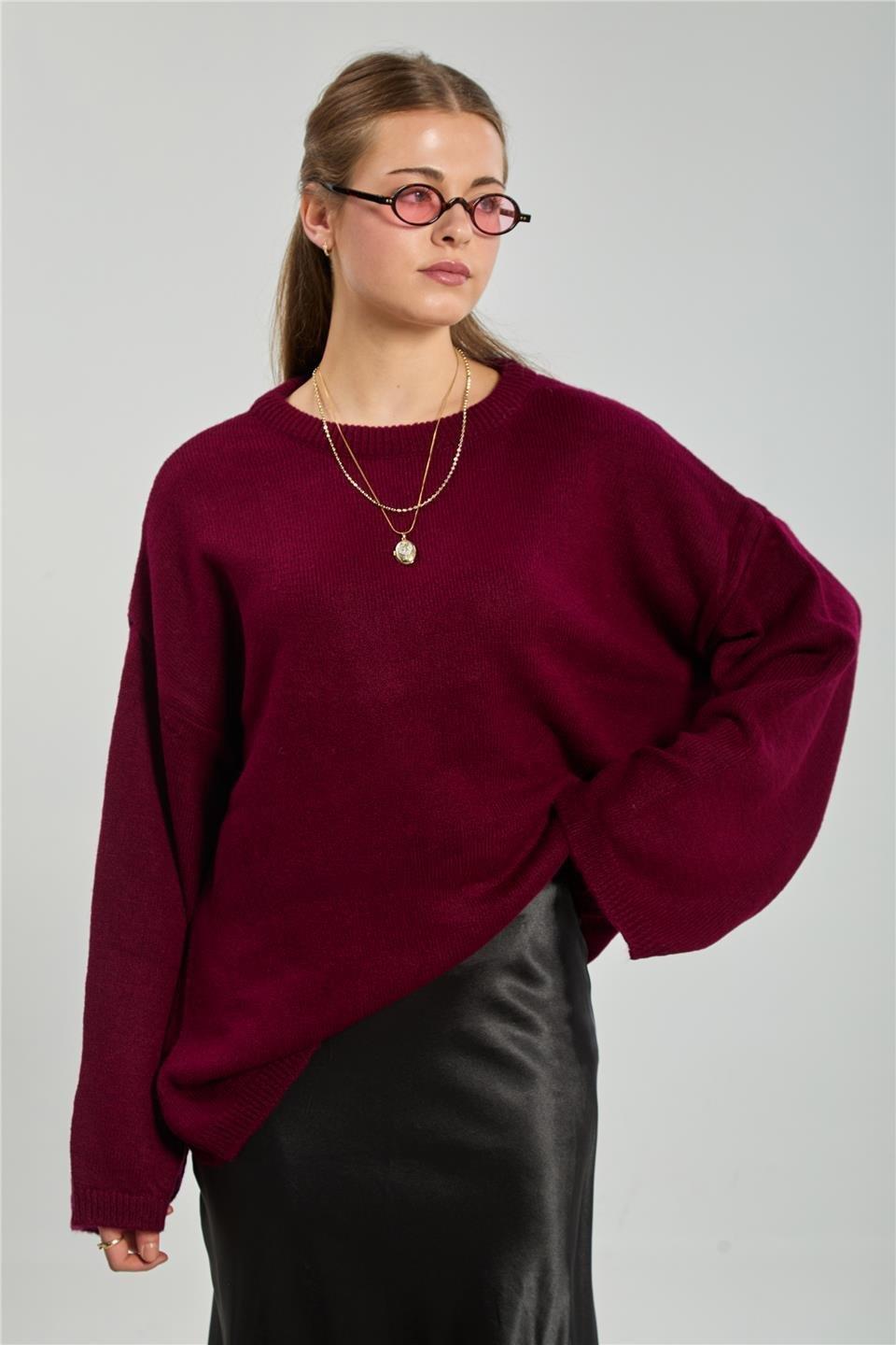 Bisiklet yaka triko kazak-4091 - Bordo