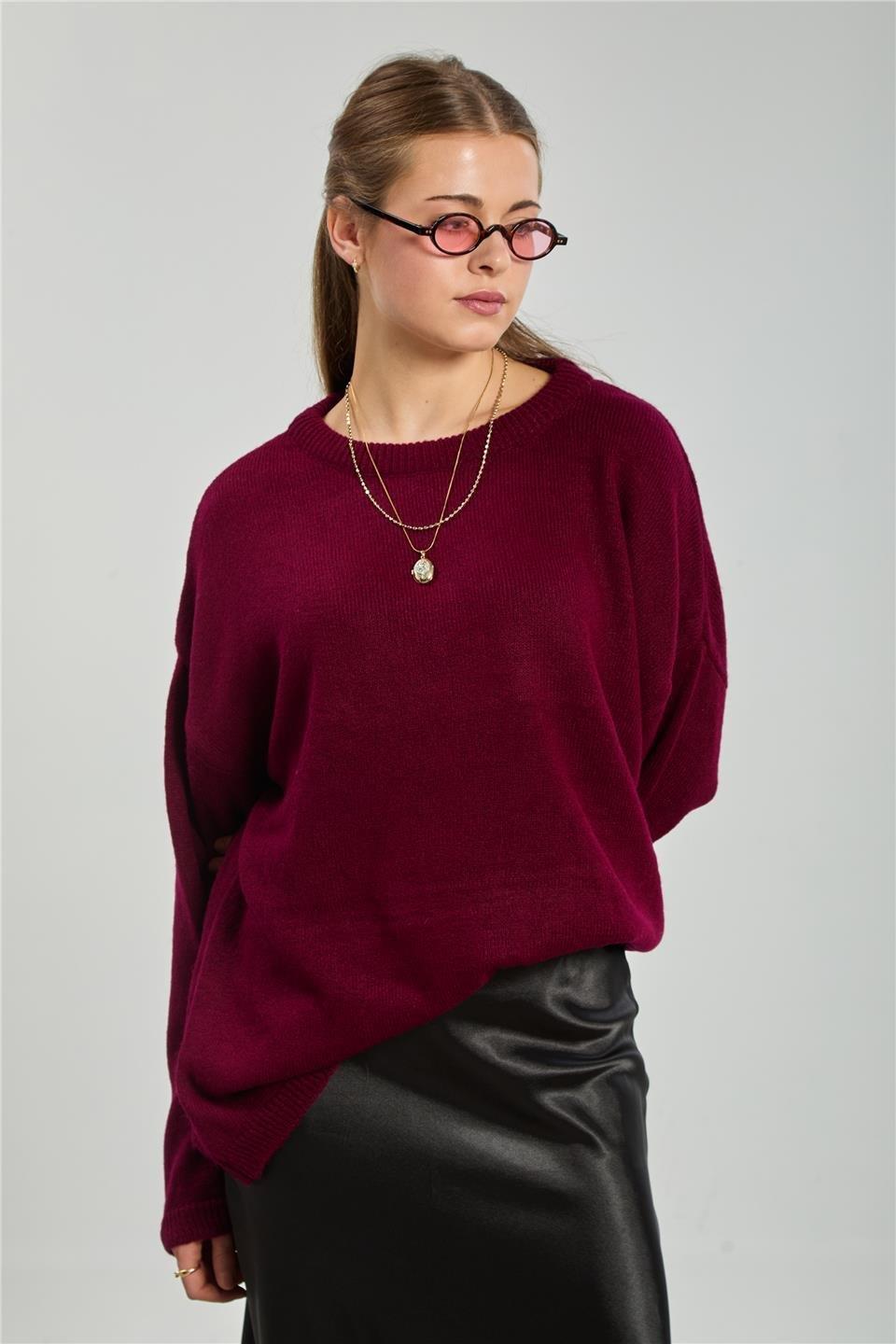 Bisiklet yaka triko kazak-4091 - Bordo