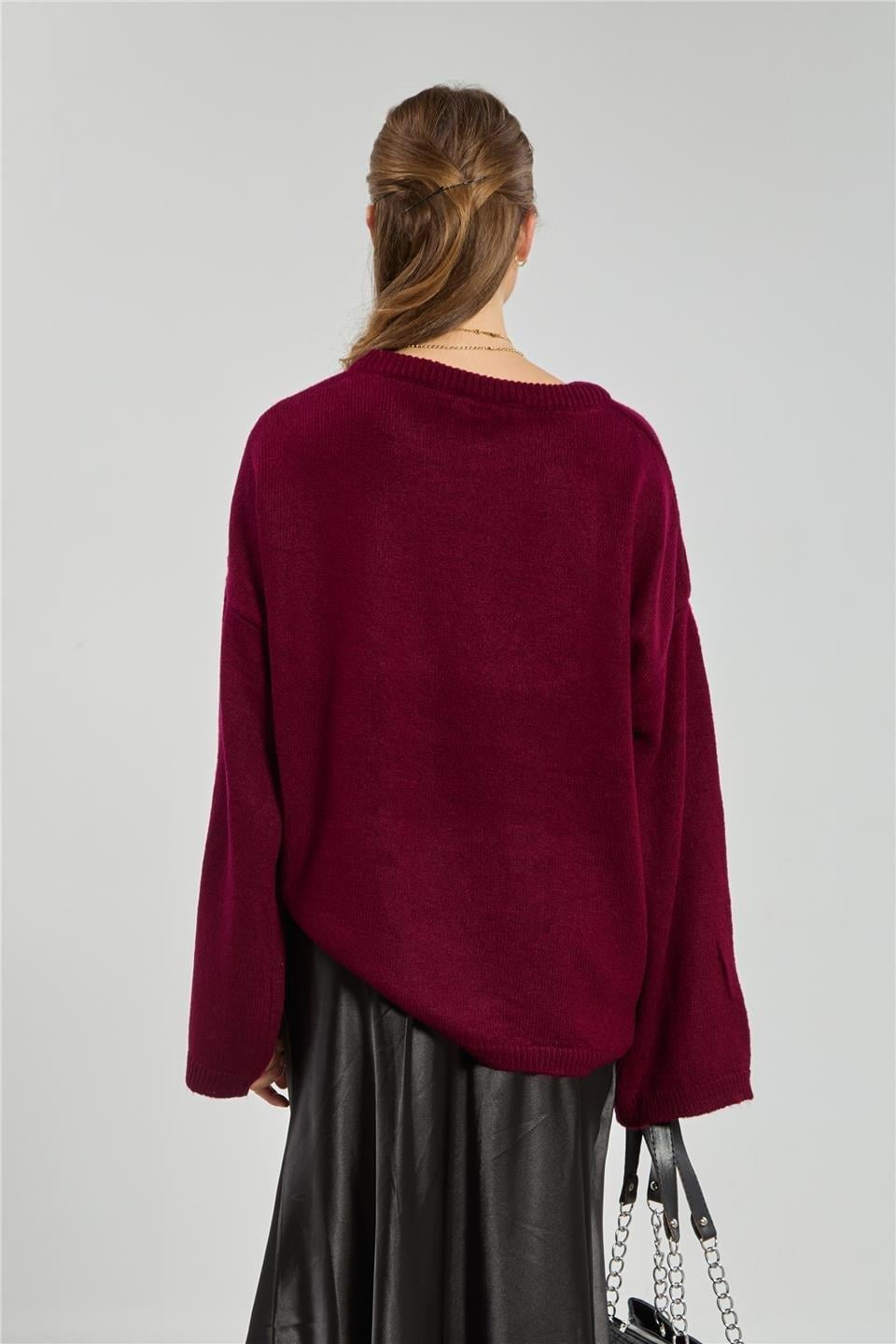 Bisiklet yaka triko kazak-4091 - Bordo