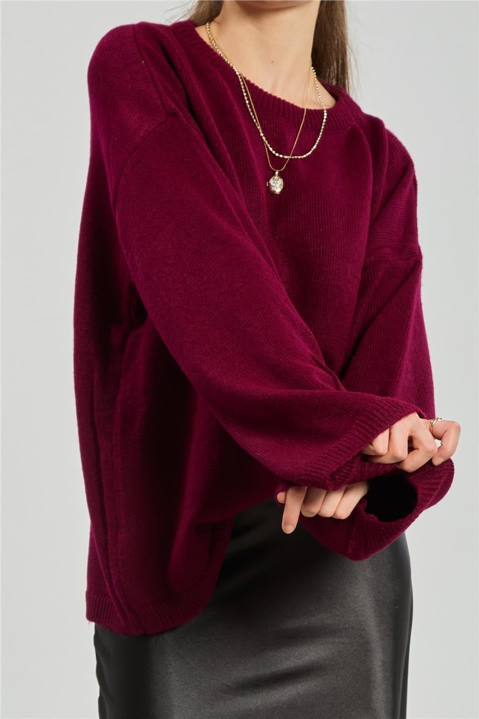 Bisiklet yaka triko kazak-4091 - Bordo