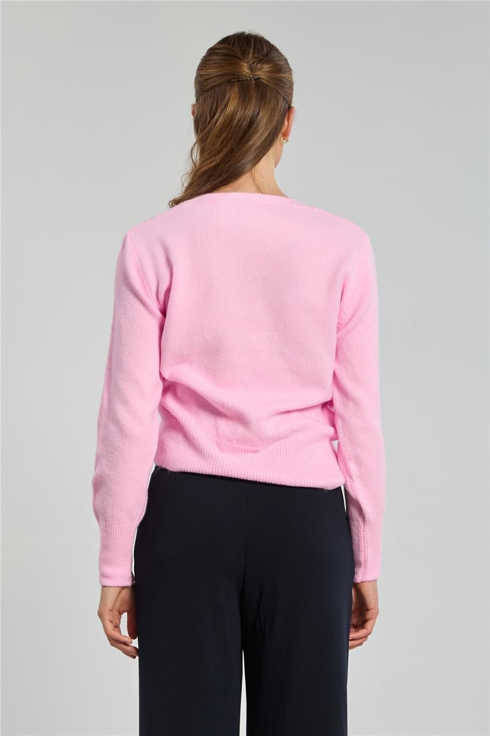 Bisiklet yaka triko kazak--6353 - Toz Pembe