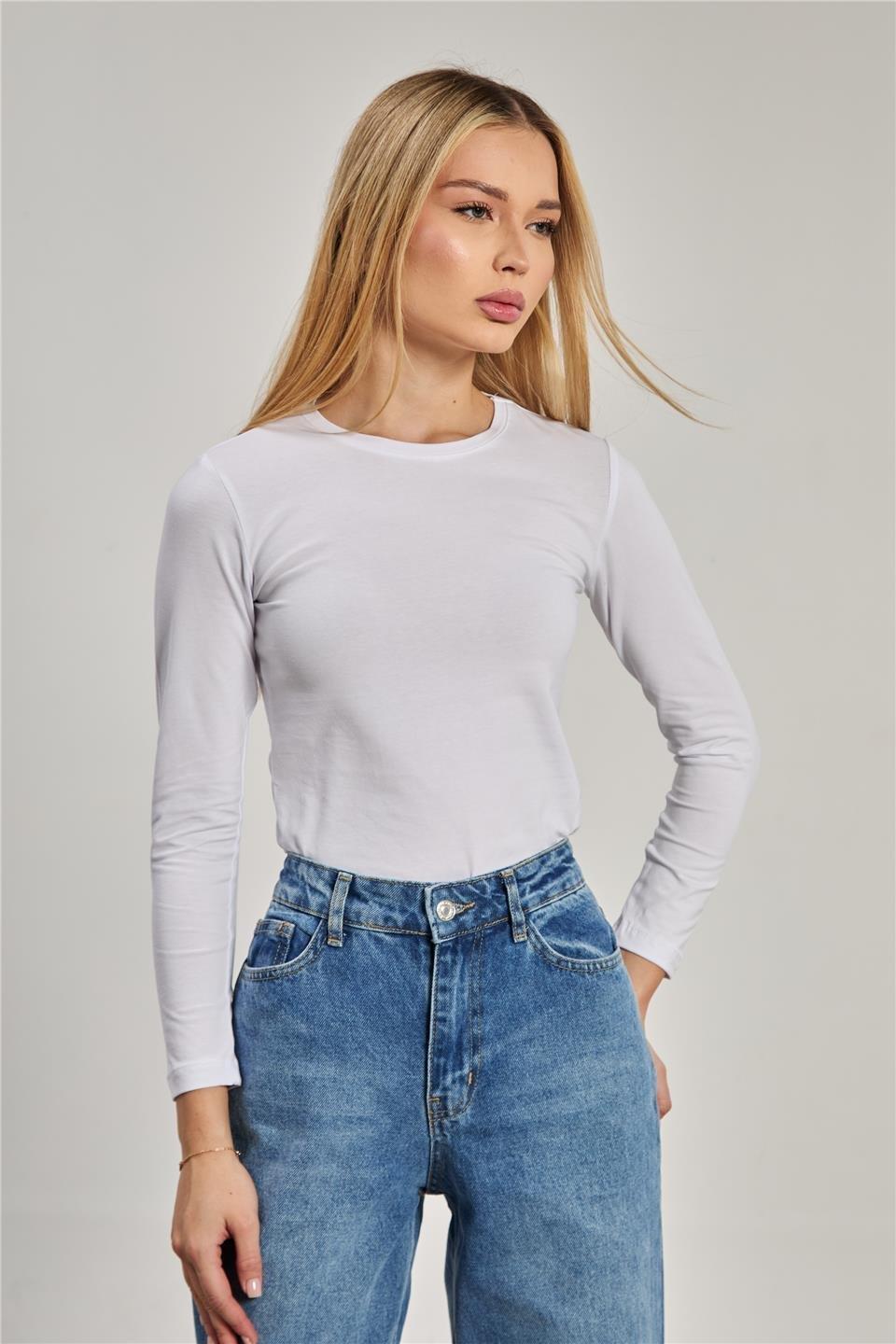 Bisiklet yaka uzun kollu body-150 - Beyaz