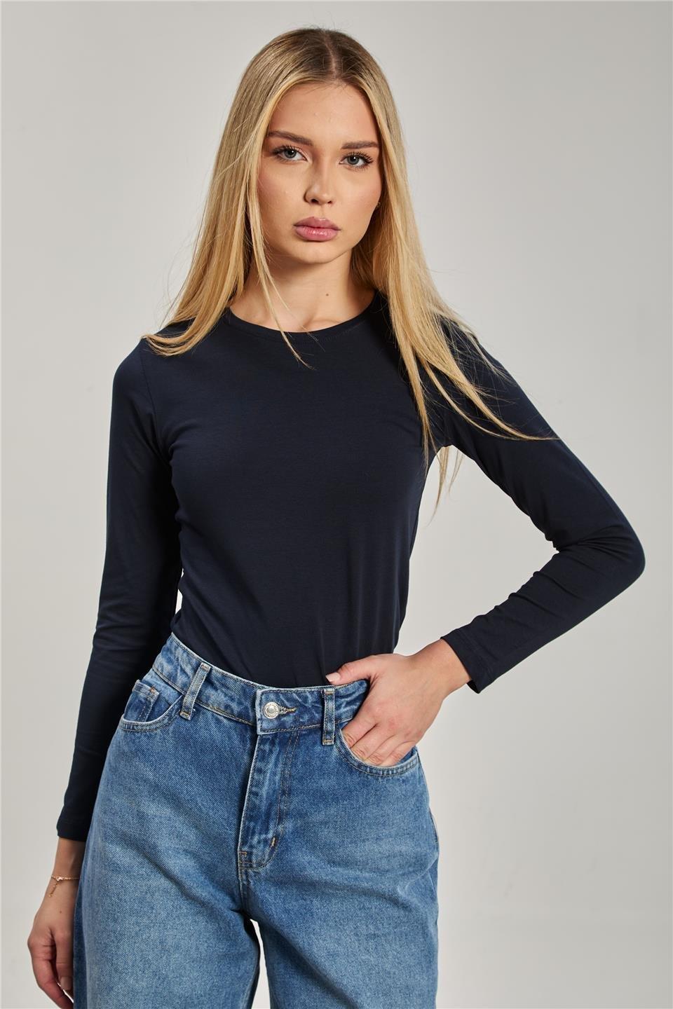 Bisiklet yaka uzun kollu body-150 - Lacivert