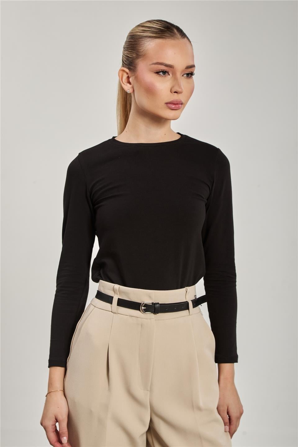Bisiklet yaka uzun kollu body-150 - Siyah