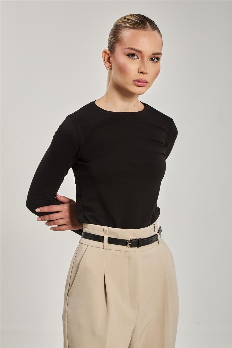 Bisiklet yaka uzun kollu body-150 - Siyah