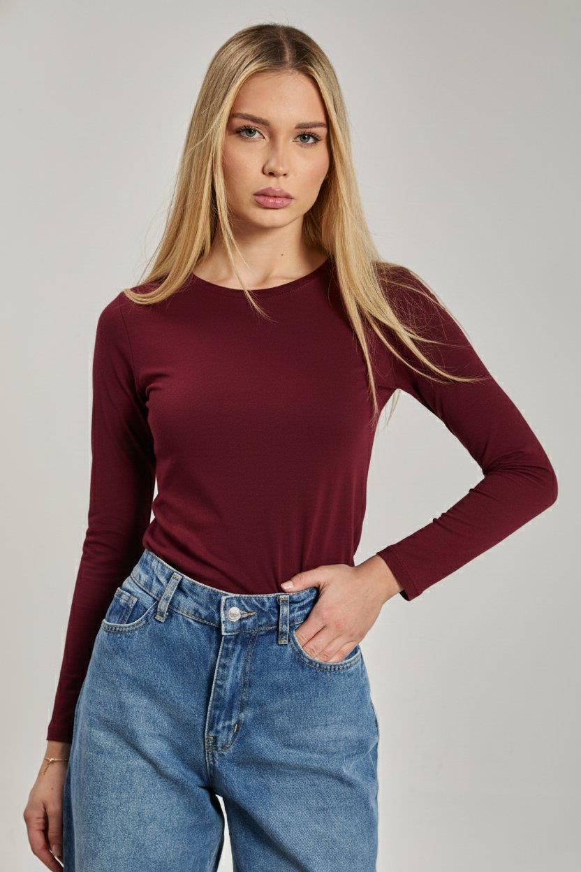 Bisiklet yaka uzun kollu body-150 - Vişne