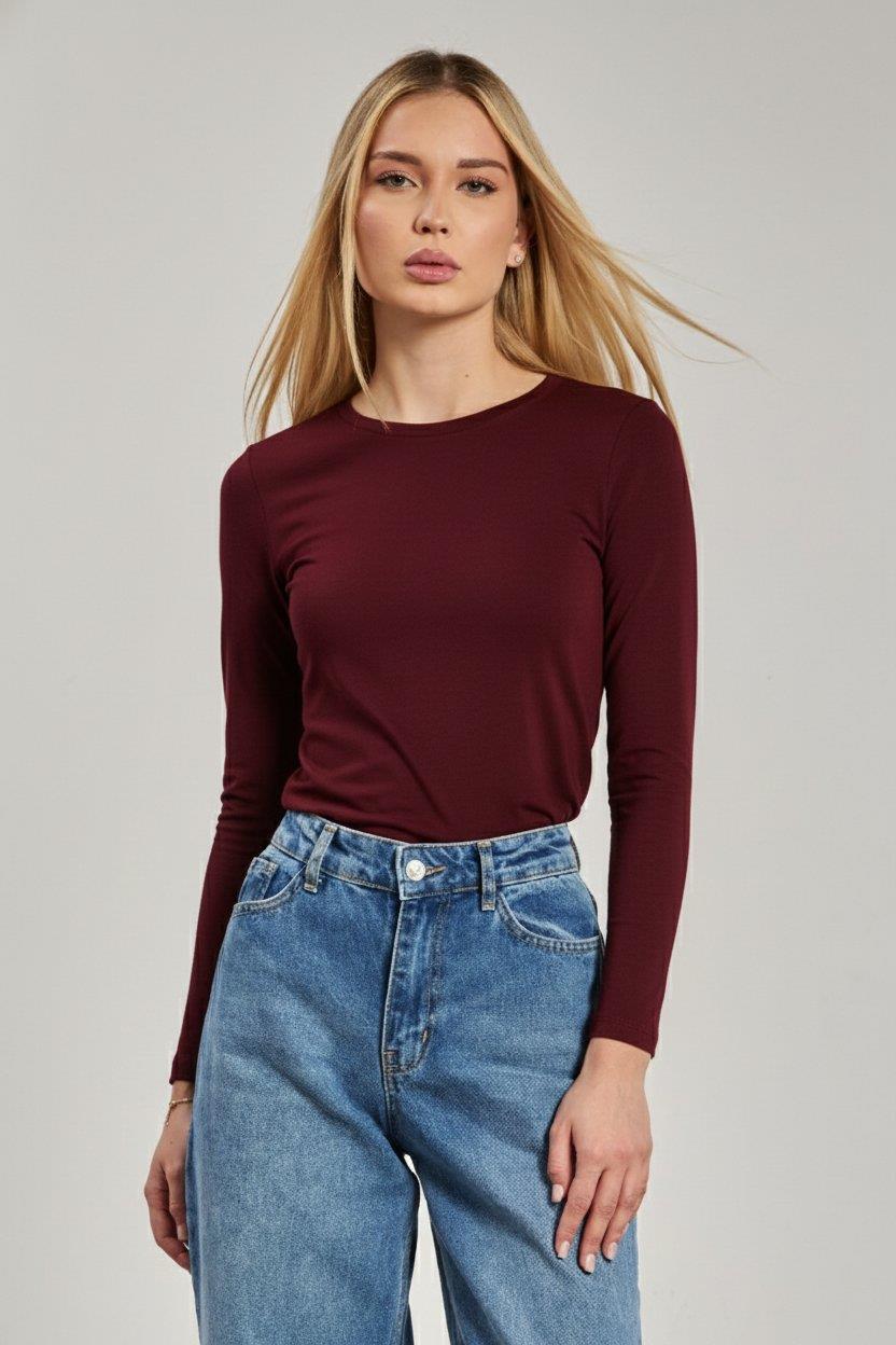 Bisiklet yaka uzun kollu body-150 - Vişne
