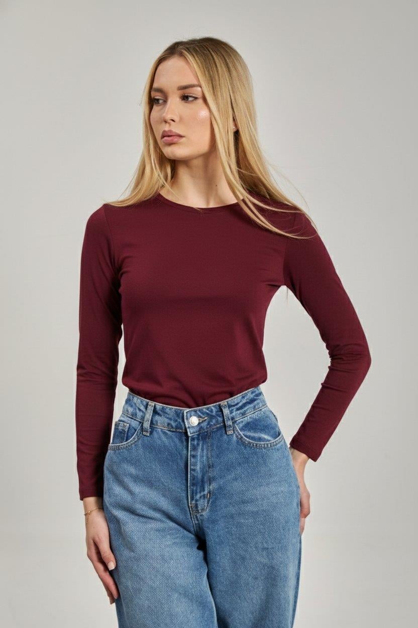 Bisiklet yaka uzun kollu body-150 - Vişne