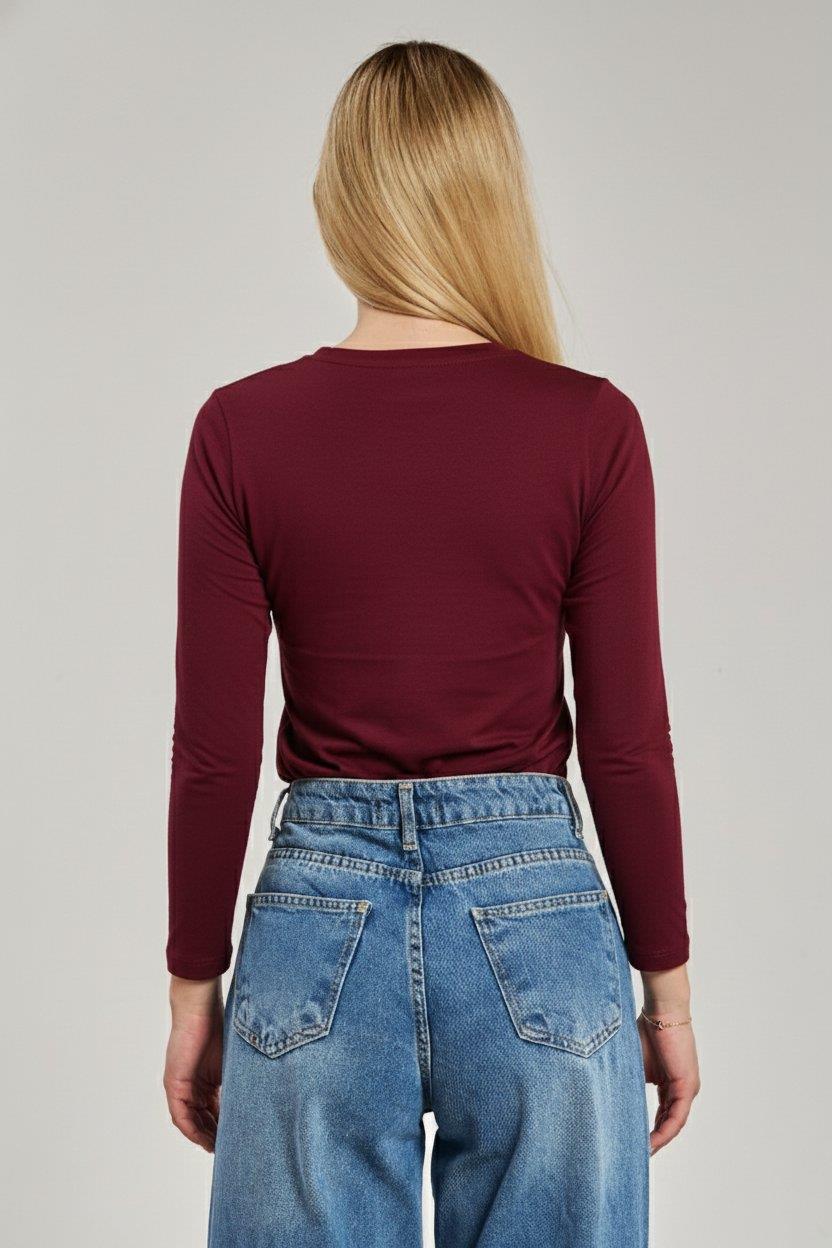 Bisiklet yaka uzun kollu body-150 - Vişne