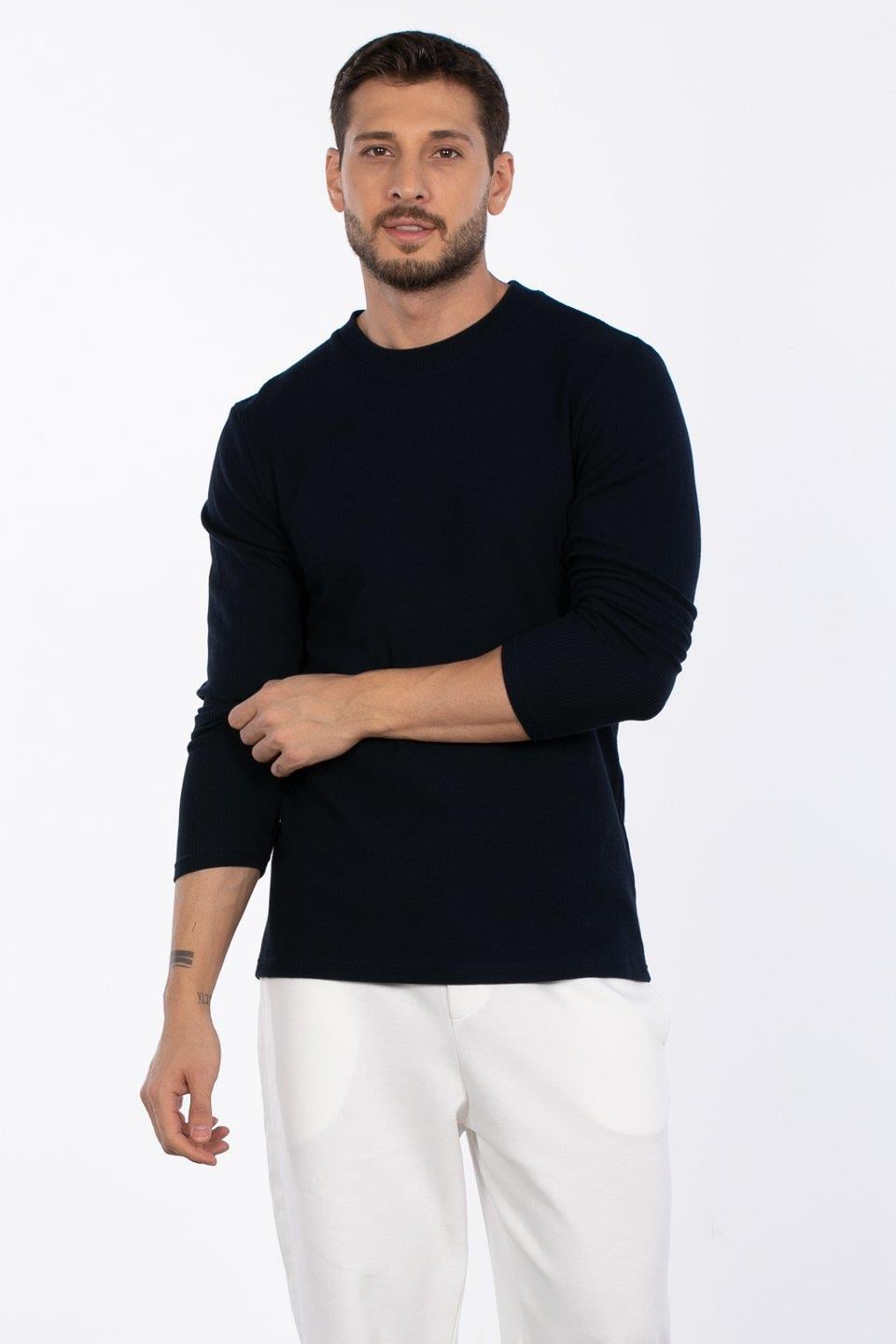 Bisiklet yaka waffal sweat-5073-2 - İndigo