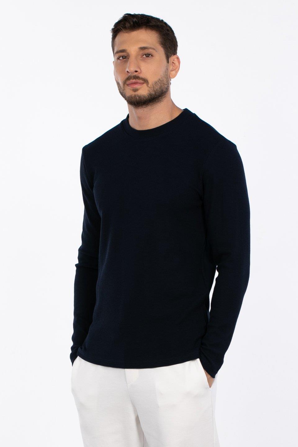 Bisiklet yaka waffal sweat-5073-2 - İndigo