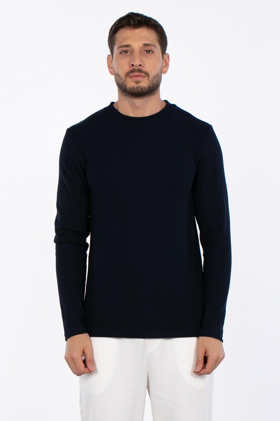 Bisiklet yaka waffal sweat-5073-2 - İndigo