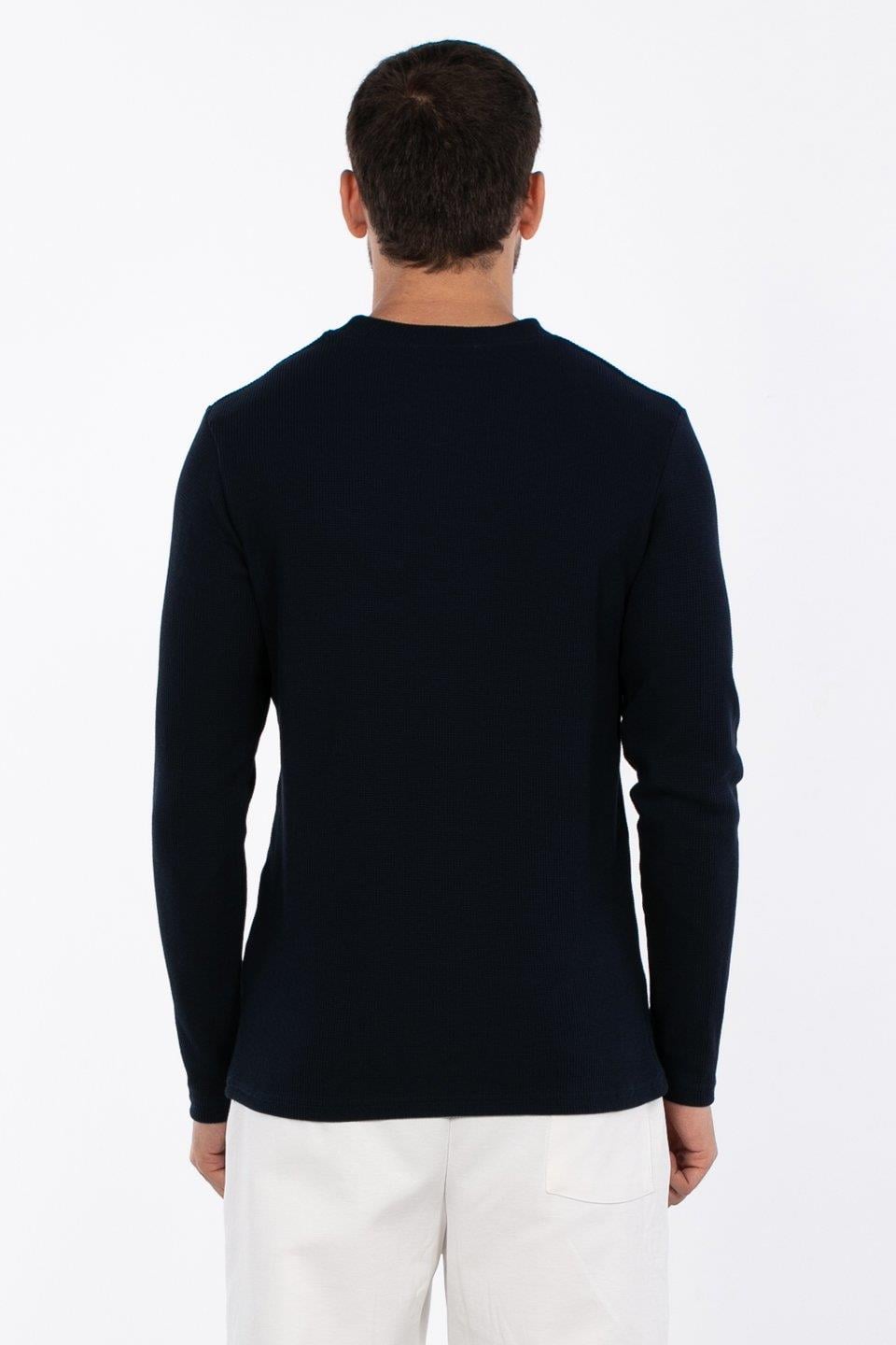 Bisiklet yaka waffal sweat-5073-2 - İndigo