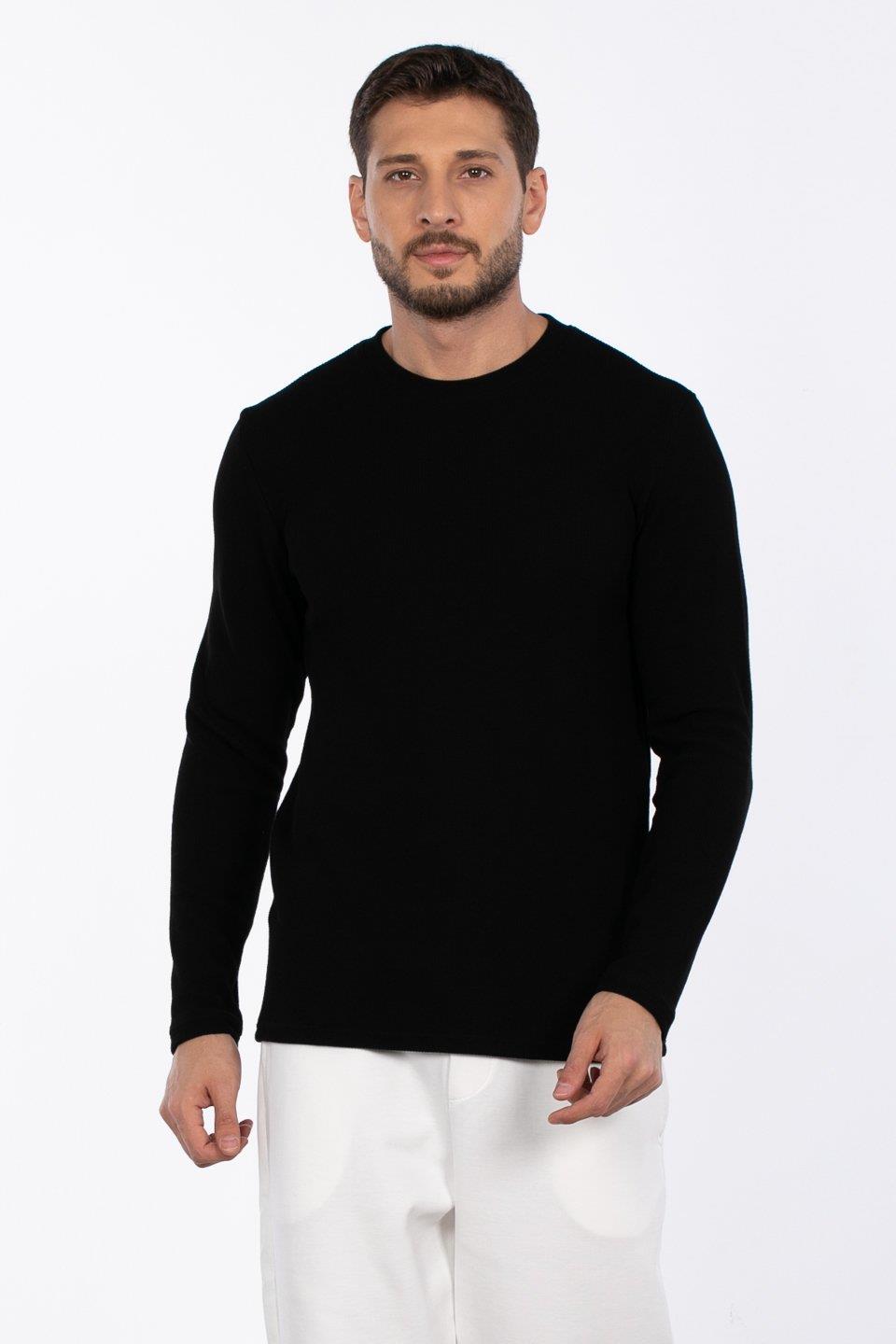 Bisiklet yaka waffal sweat-5073-2 - Siyah