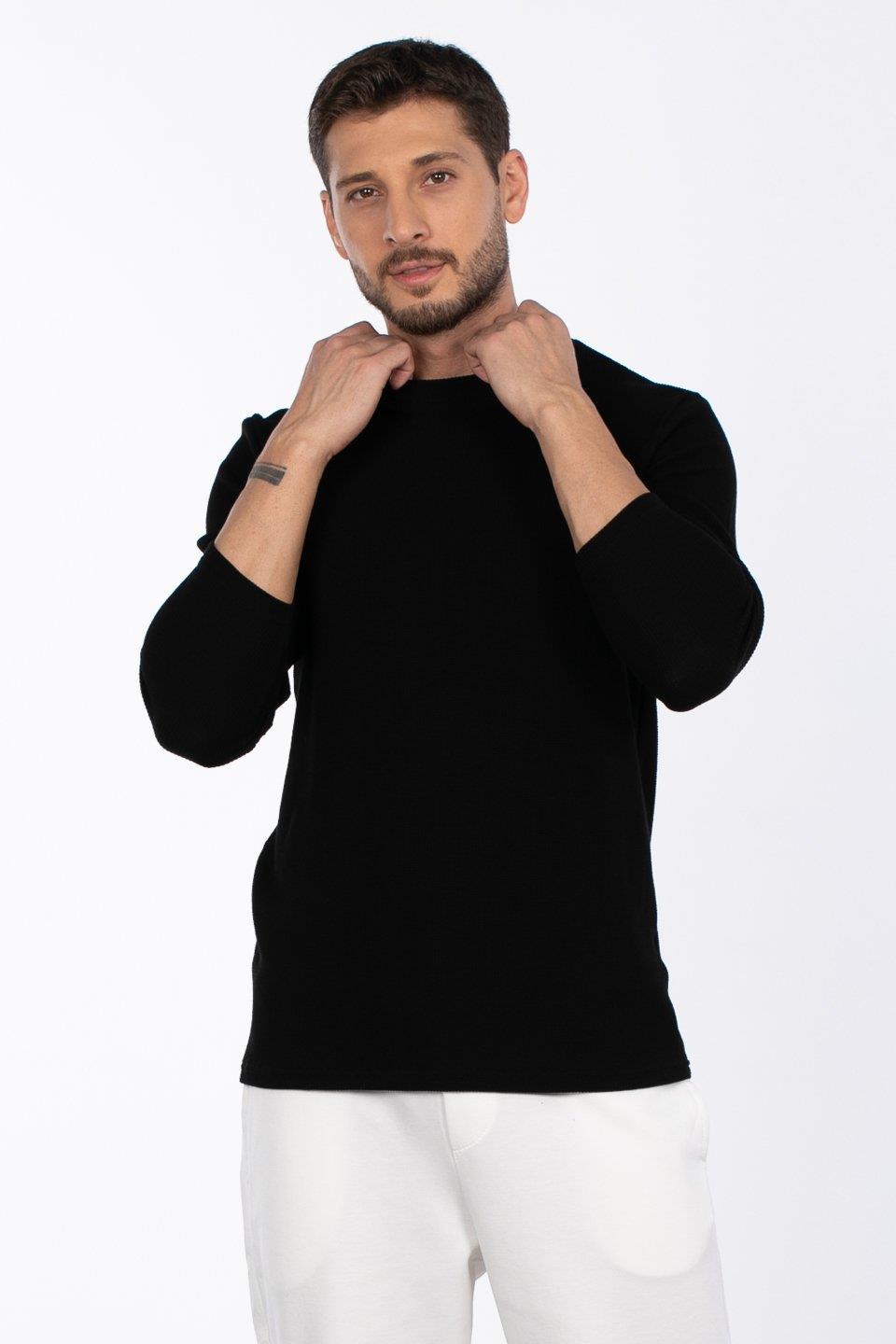 Bisiklet yaka waffal sweat-5073-2 - Siyah