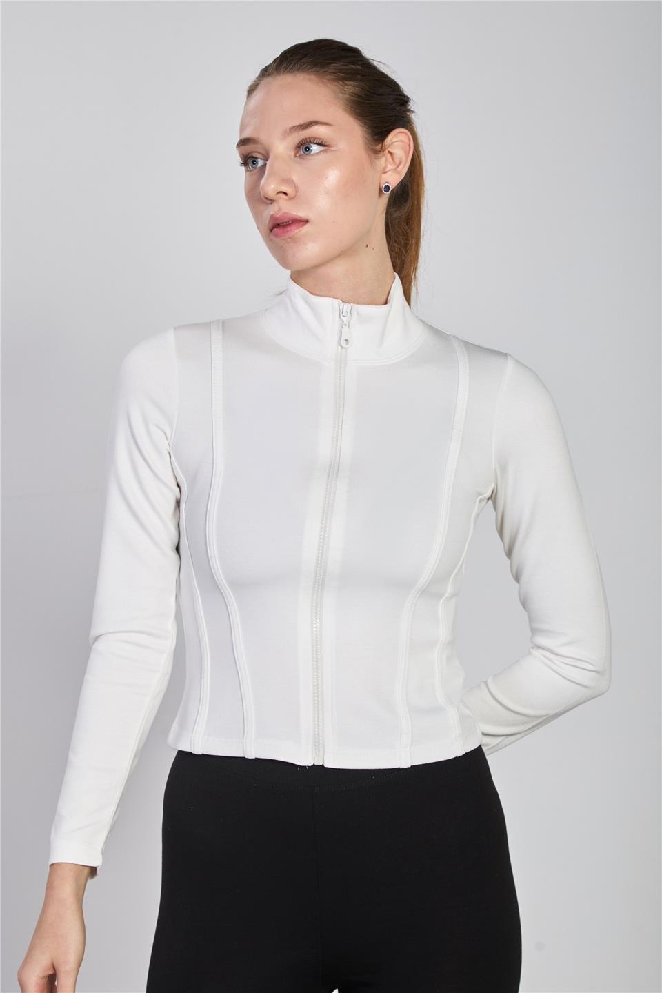 Biyeli fermuarlı uzun kol body-2557 - Beyaz